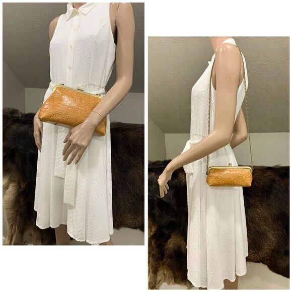 Embossed Rose Handmade Cowhide Leather Push-lock Handbag Includes Small Clutch - Picture 6 of 16